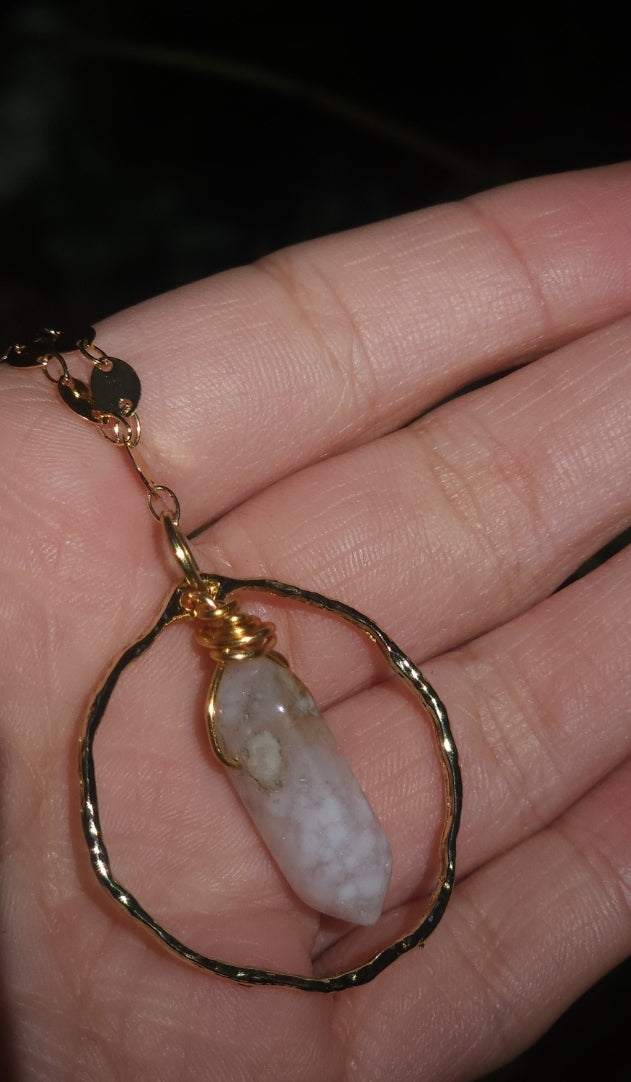 Grade AAA Flower Agate Pendant in a Gold Hand-stamped Ring Pendant