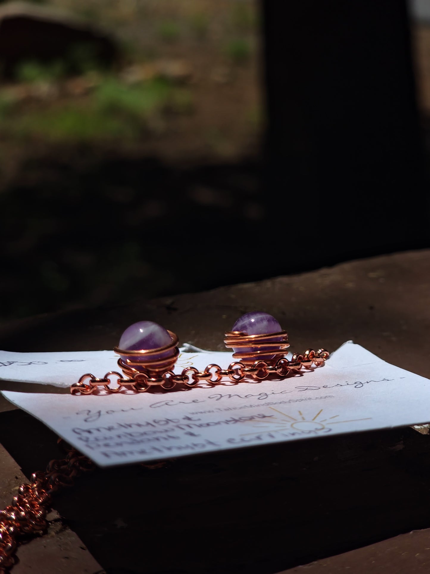 Amethyst and Rainbow Moonstone Wrapped Pendant & Amethyst Earrings