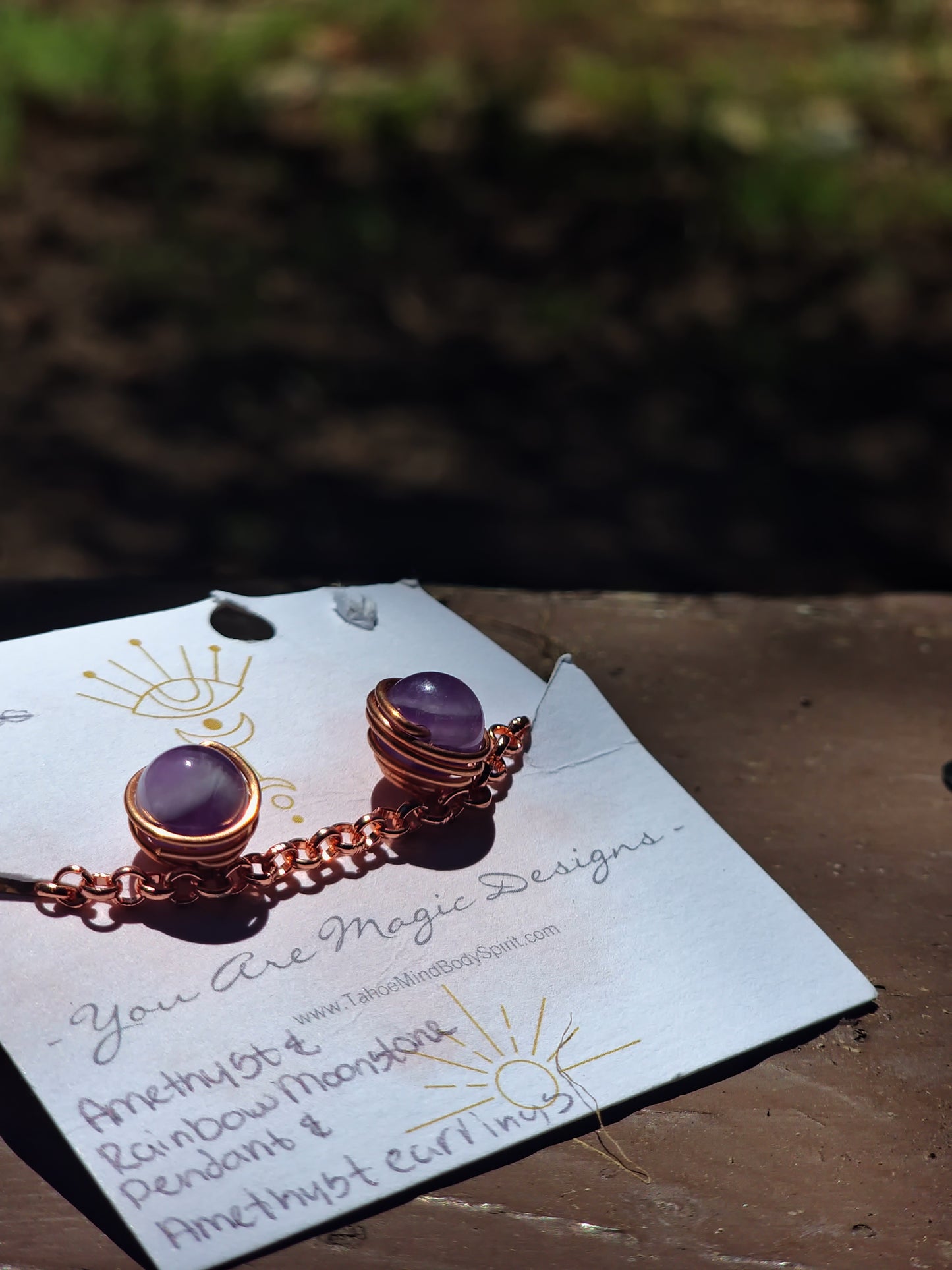 Amethyst and Rainbow Moonstone Wrapped Pendant & Amethyst Earrings