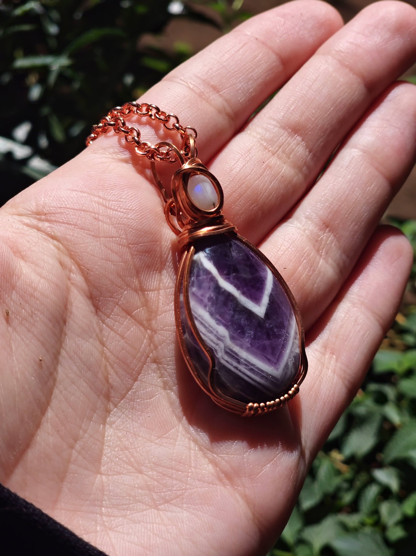 Amethyst and Rainbow Moonstone Wrapped Pendant & Amethyst Earrings