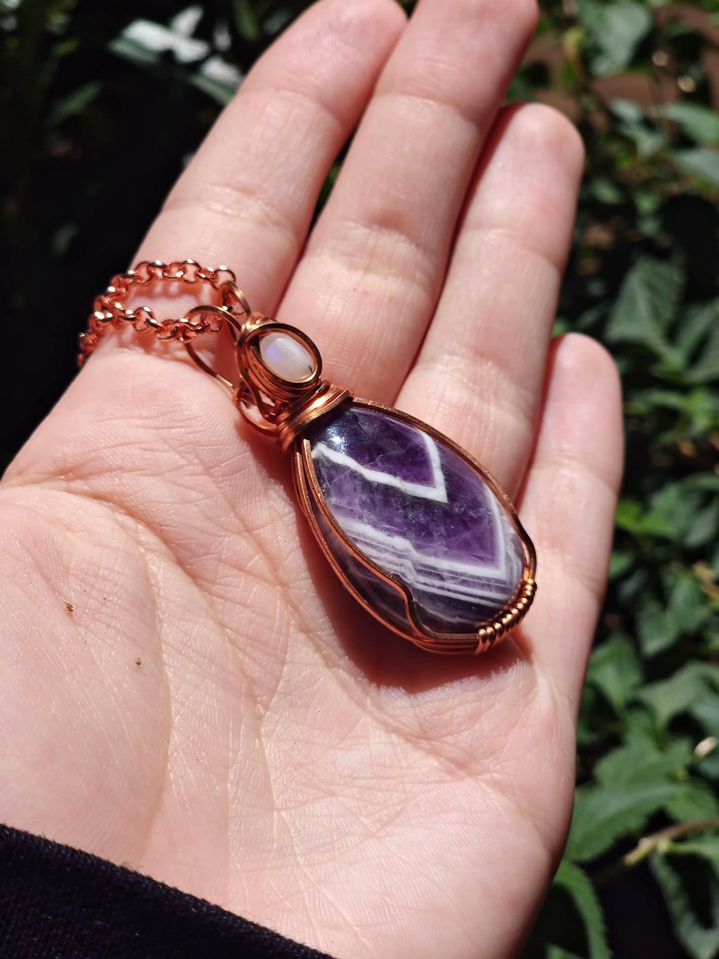 Amethyst and Rainbow Moonstone Wrapped Pendant & Amethyst Earrings