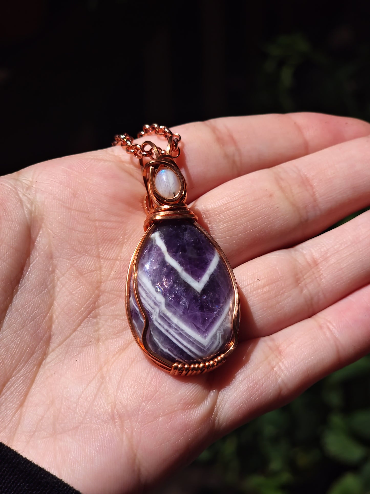 Amethyst and Rainbow Moonstone Wrapped Pendant & Amethyst Earrings