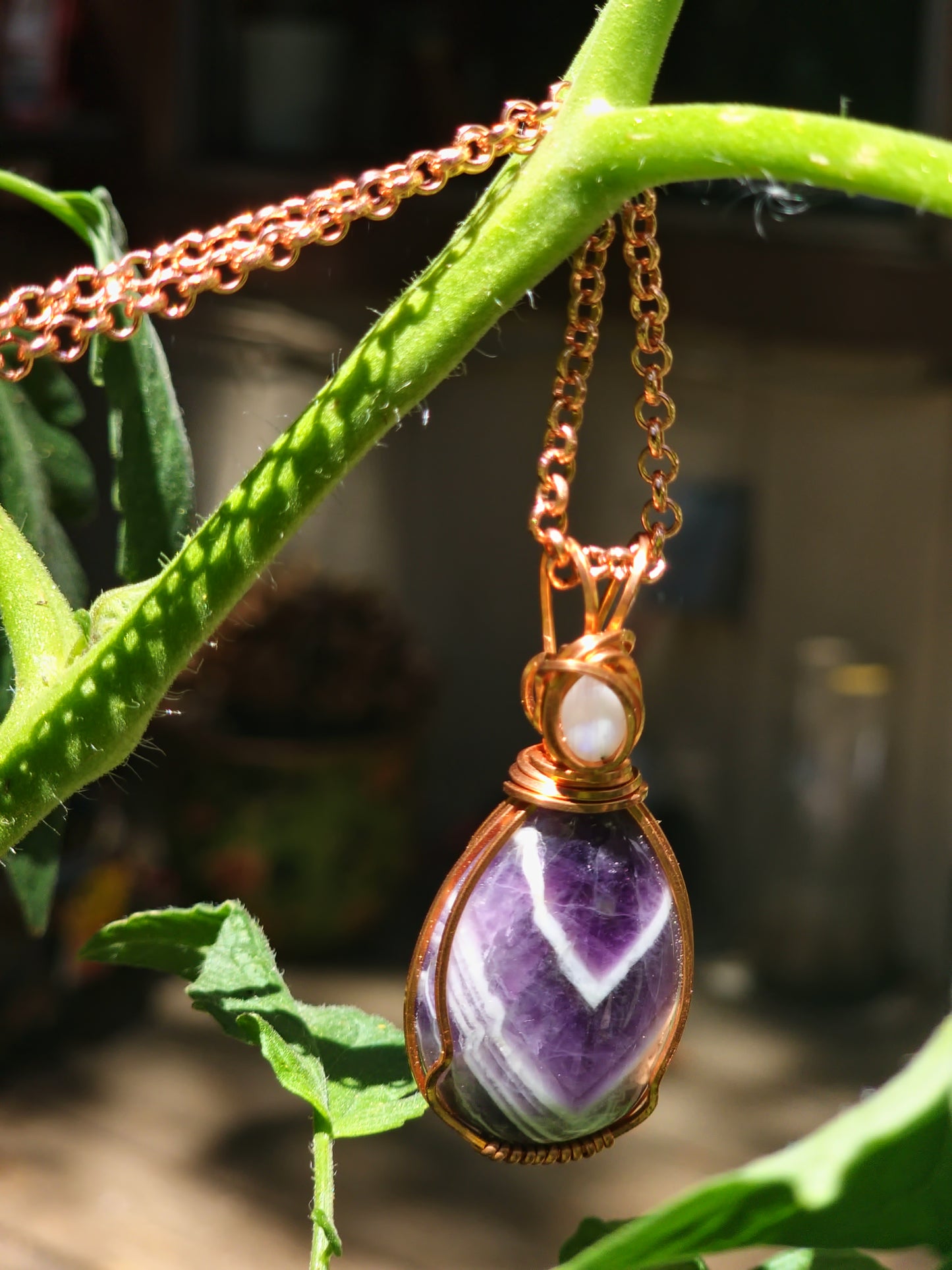 Amethyst and Rainbow Moonstone Wrapped Pendant & Amethyst Earrings