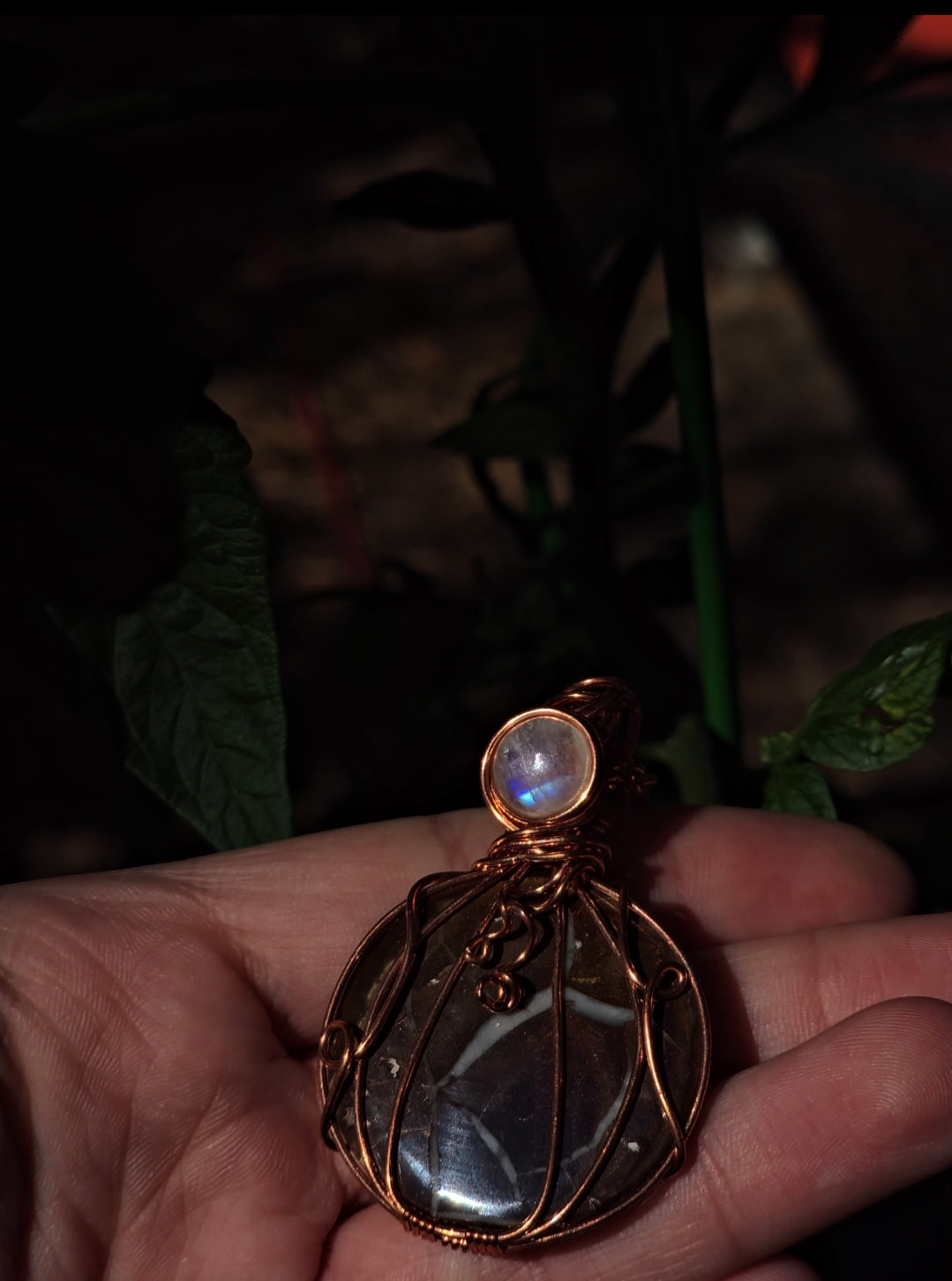 Black Septarian and Rainbow Moonstone Pumpkin Cabochon Pendant