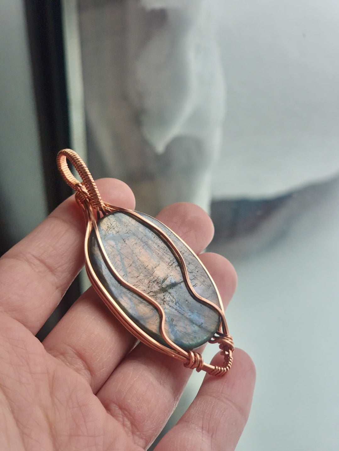 AAA Flower Carved Rainbow Flash Labradorite Copper Wire Wrap