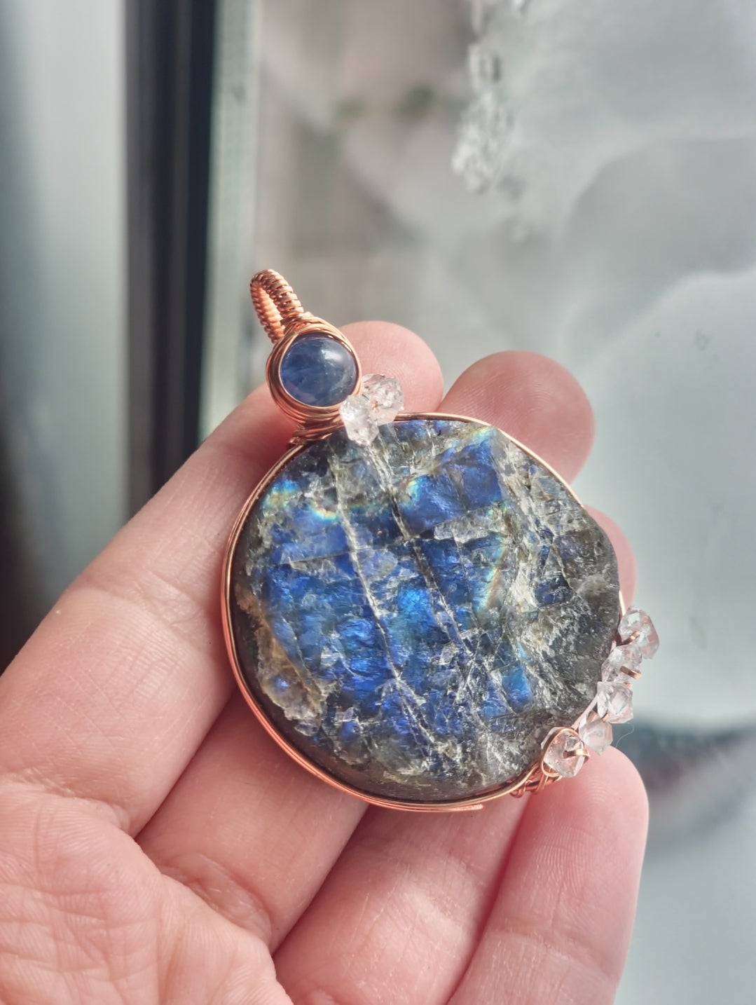 AAA Raw Blue Flash Labradorite with AAA Herkimer Diamond and AAA Blue Kyanite copper wire wrap