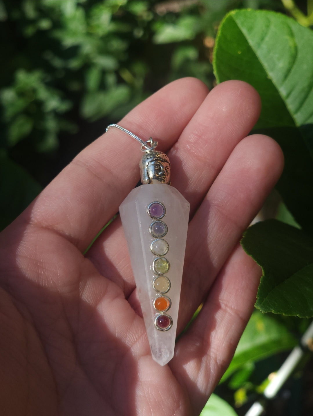 AAA Rose Quartz Pendulum Pendant With Crystal Chakra Lineup