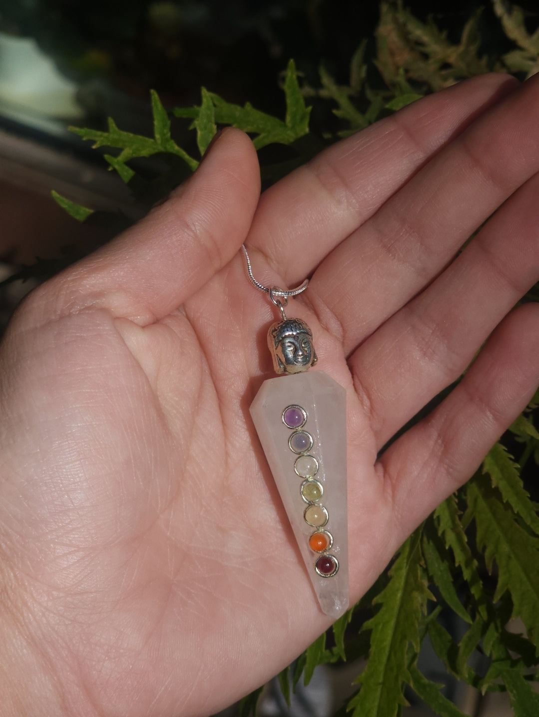 AAA Rose Quartz Pendulum Pendant With Crystal Chakra Lineup