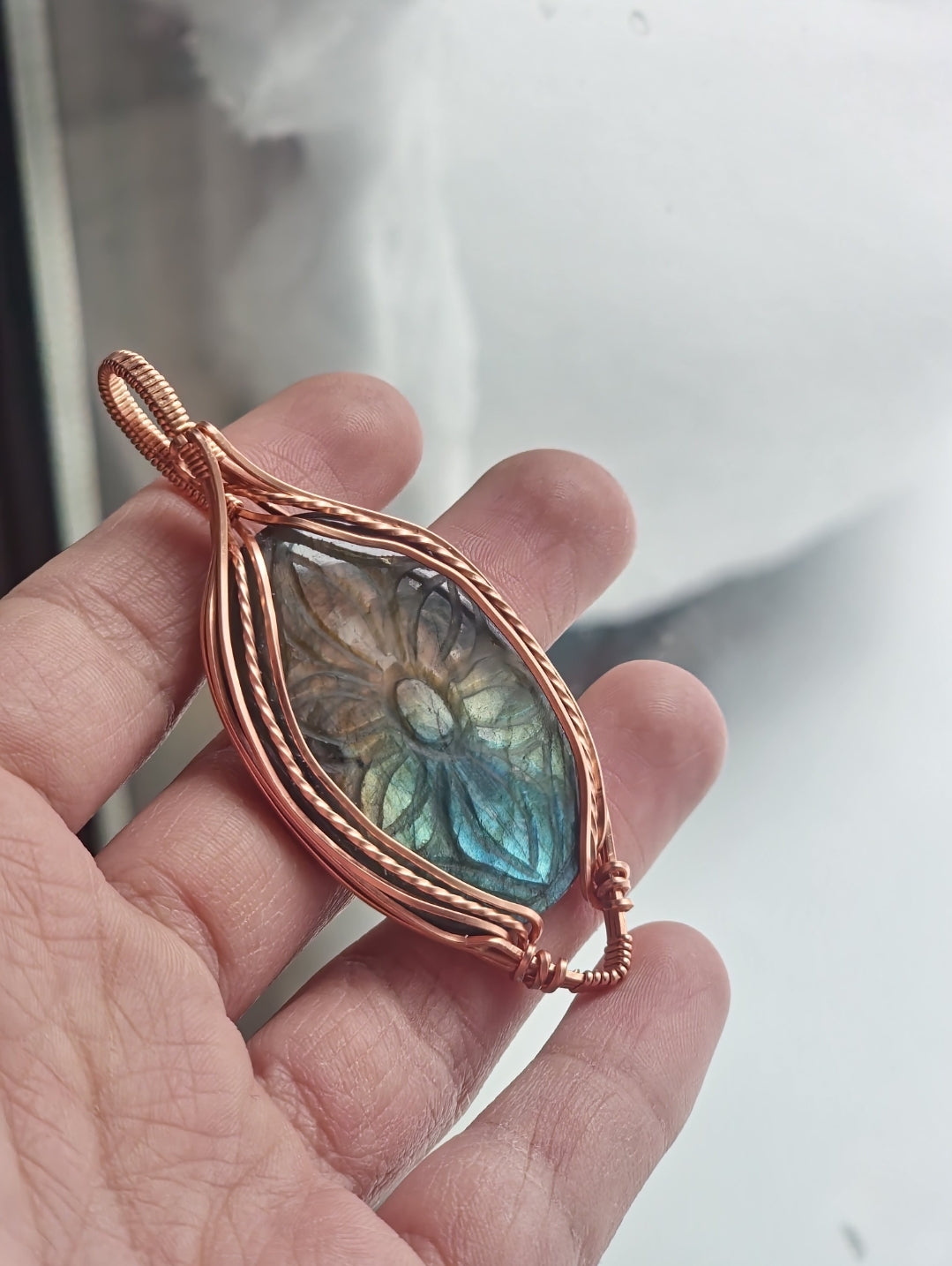 AAA Flower Carved Rainbow Flash Labradorite Copper Wire Wrap