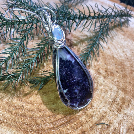 Grade AAAA Lepidolite with Grade AAA Rainbow Moonstone wrapped in 925 sterling silver on a 925 sterling silver chain