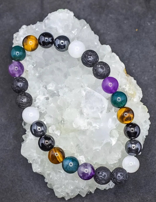Rainbow moonstone, hematite, black tourmaline, tiger eye, dragon bloodstone, amethyst, lava stone bracelet