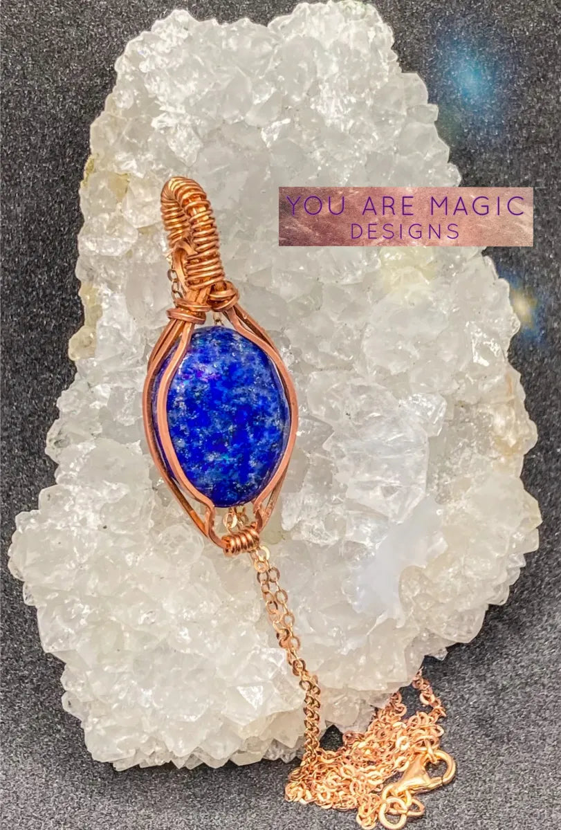 Lapis Lazuli wrapped in copper with handmade rose gold chain & rose gold lobster clasp