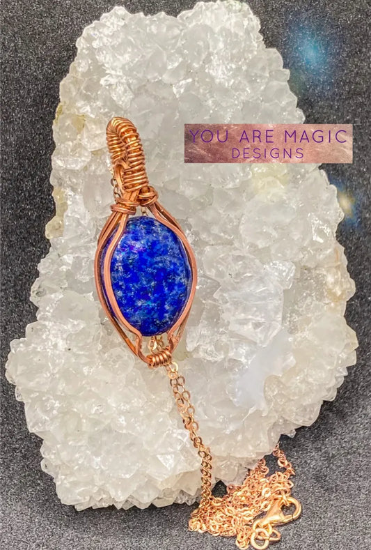 Lapis Lazuli wrapped in copper with handmade rose gold chain & rose gold lobster clasp