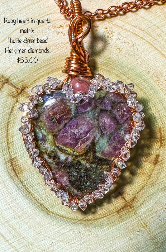 Ruby Heart Matrix with Herkimer Diamond necklace