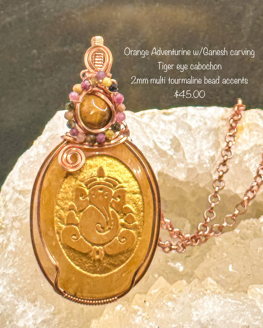 Orange aventurine with Ganesh carving necklace