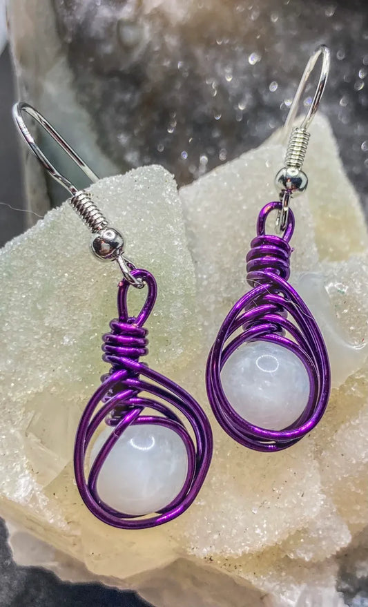 AAA grade Rainbow moonstone wrapped in purple colored copper wire Earrings