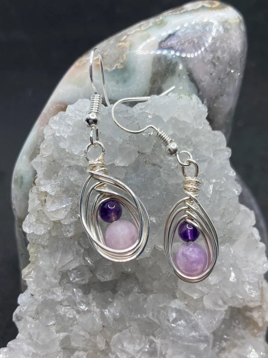 Amethyst and Lepidolite wrapped in silver Earrings