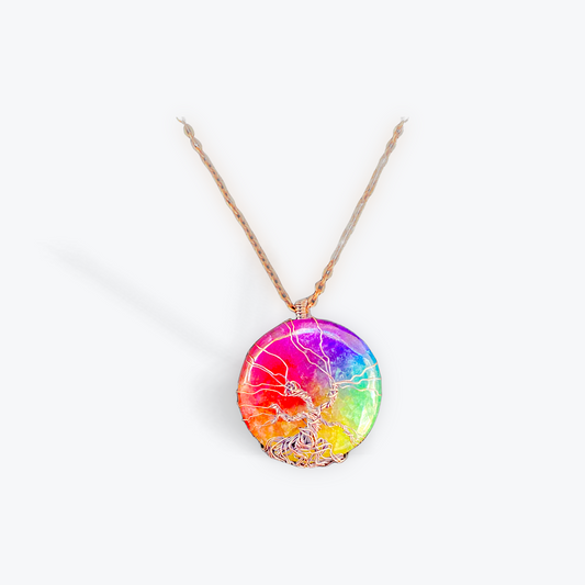 Rainbow Solar Aura Quartz Tree of Life Necklace