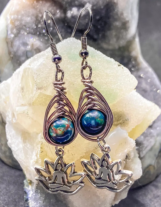 AAA grade Green Blue Azurite wrapped in aluminum wire with chakra balancing charm Earrings